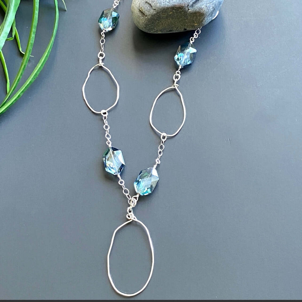 Hand Made in USA Women's Silver Hand Forged Hoop Necklace with Blue Crystals Silver Chain | Classy Cozy Cool Women's Made in America Boutique