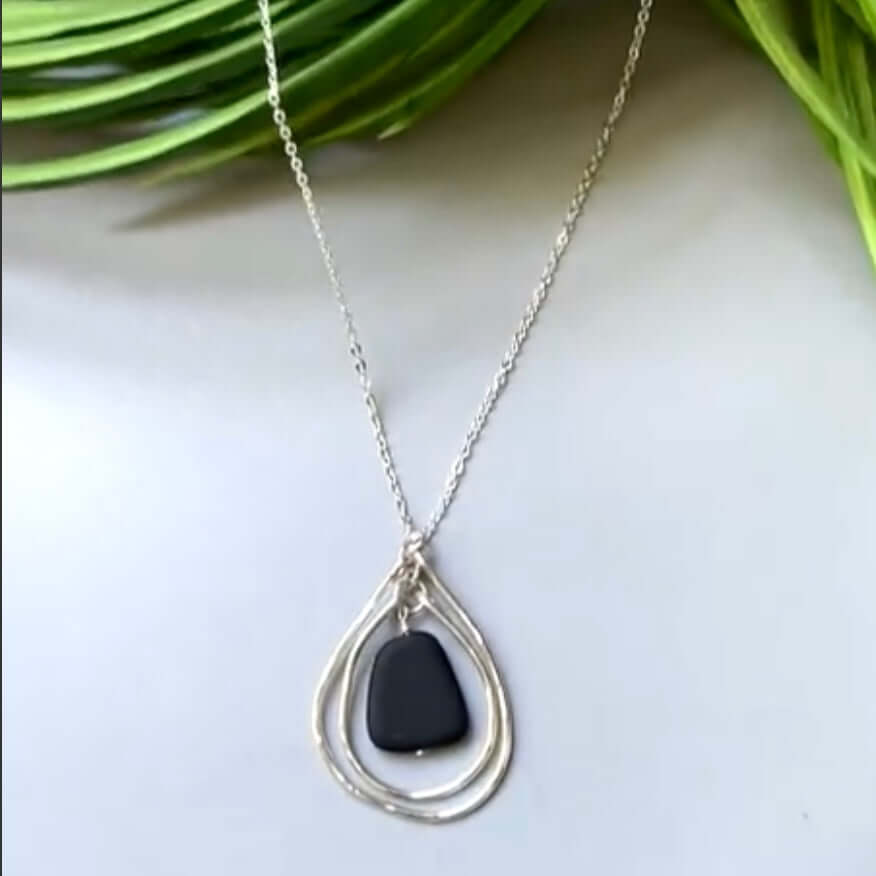 Handmade in USA Women's Multi Layer Hammered Frosted Black Glass Pendant with Silver Chain | Classy Cozy Cool Women's Made in America Boutique