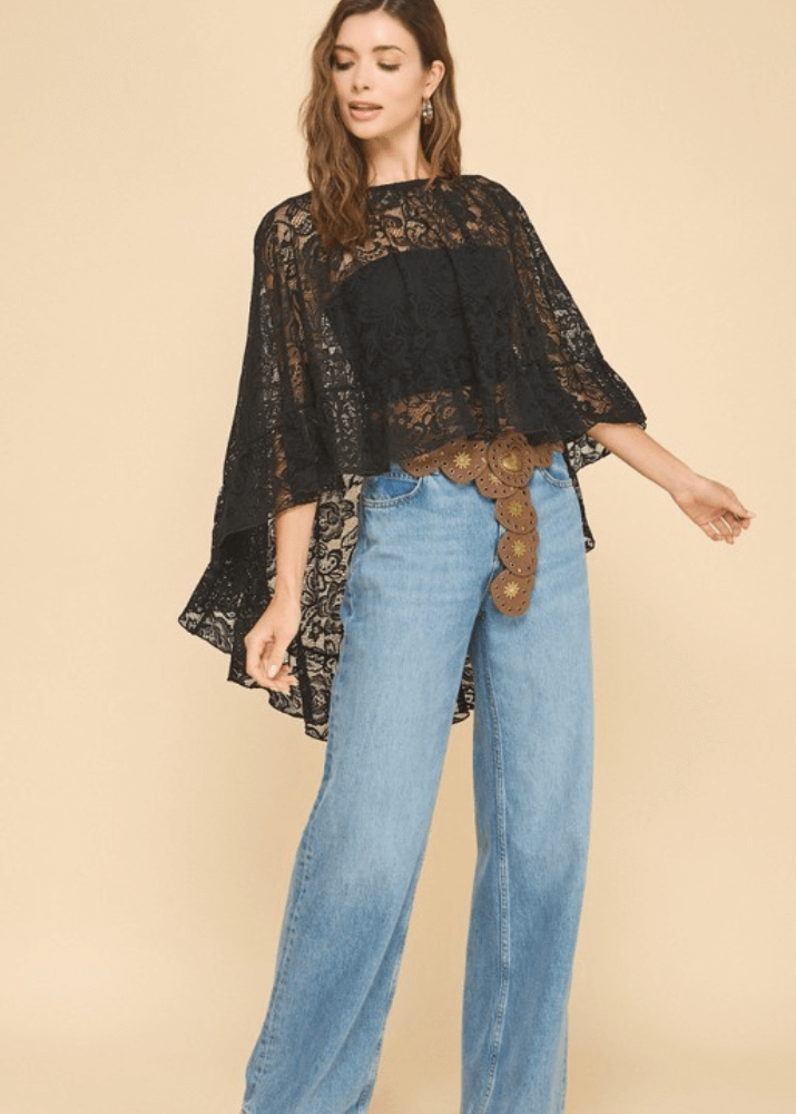 Made in USA Ruffled Poncho Style Black Lace Accent Shawl, Ruffled, One Size Fits All, 100% Nylon | If She Loves Style ISJ1407A | Classy Cozy Cool Made in USA Boutique