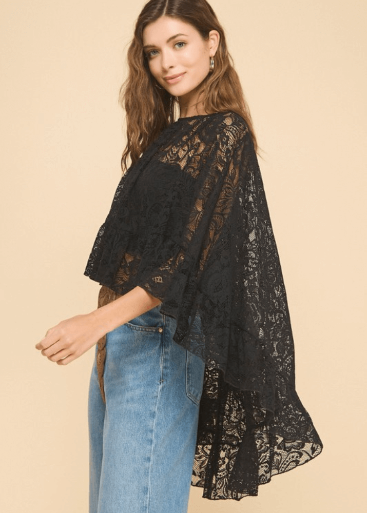 Made in USA Ruffled Poncho Style Black Lace Accent Shawl, Ruffled, One Size Fits All, 100% Nylon | If She Loves Style ISJ1407A | Classy Cozy Cool Made in USA Boutique
