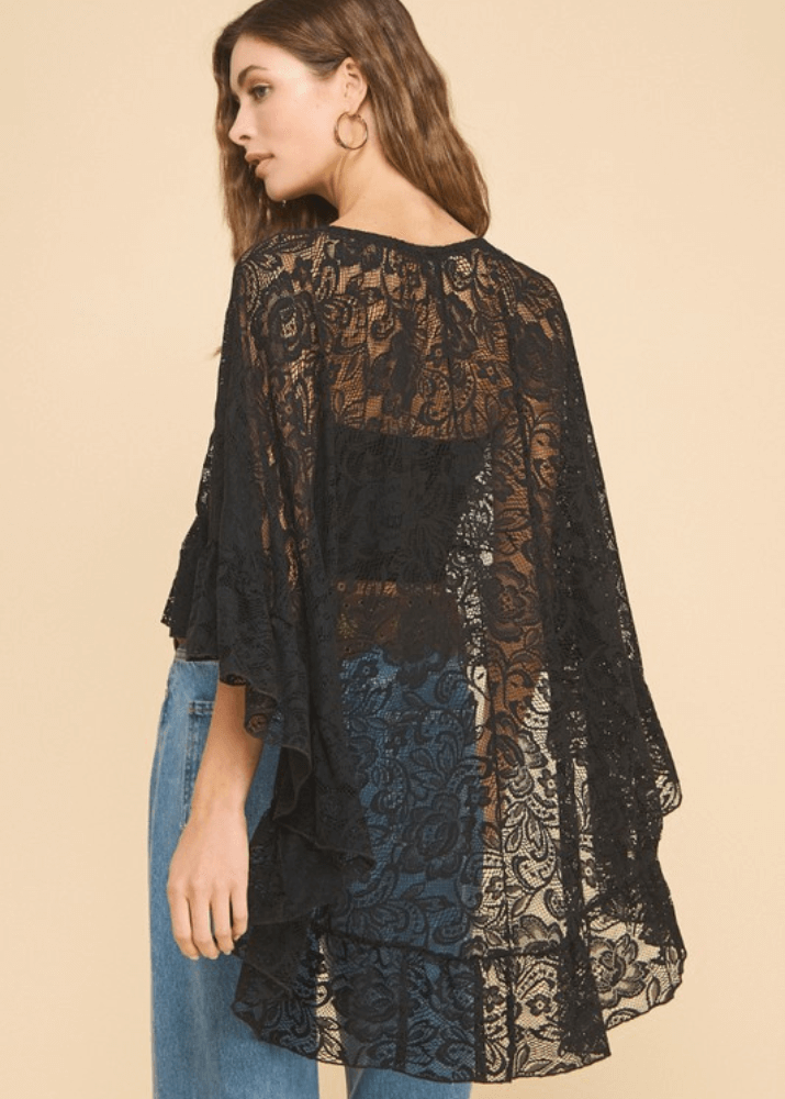 Made in USA Ruffled Poncho Style Black Lace Accent Shawl, Ruffled, One Size Fits All, 100% Nylon | If She Loves Style ISJ1407A | Classy Cozy Cool Made in USA Boutique