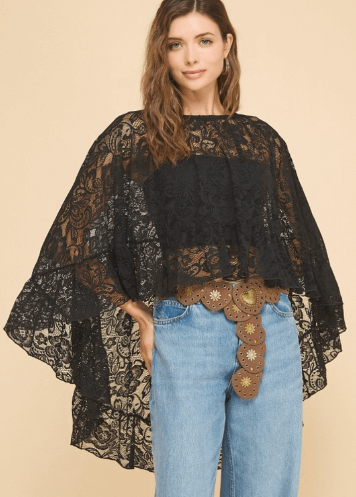 Made in USA Ruffled Poncho Style Black Lace Accent Shawl, Ruffled, One Size Fits All, 100% Nylon | If She Loves Style ISJ1407A | Classy Cozy Cool Made in USA Boutique