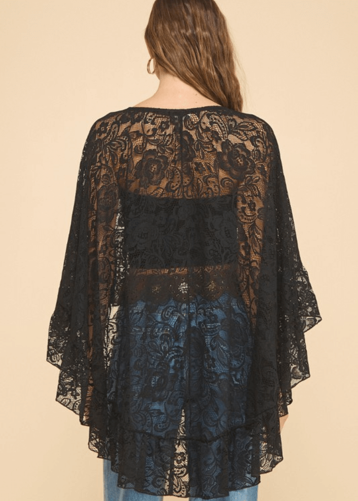 Made in USA Ruffled Poncho Style Black Lace Accent Shawl, Ruffled, One Size Fits All, 100% Nylon | If She Loves Style ISJ1407A | Classy Cozy Cool Made in USA Boutique