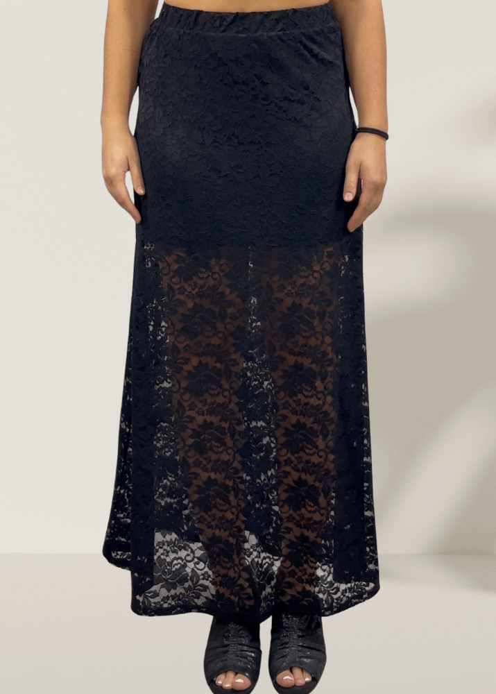 Made in USA Women's Yellowstone Lace Maxi Skirt in Black with Elastic Waist, Mini Length Liner | If She Loves Style ISK1385