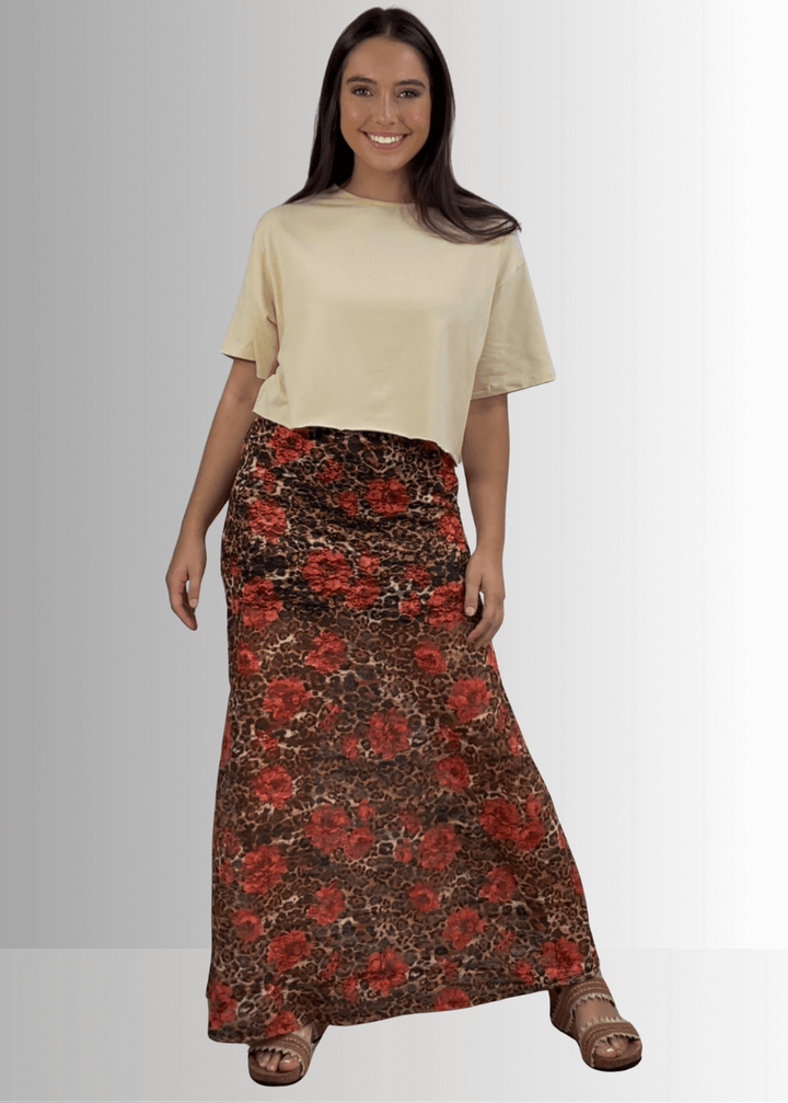Made in USA Women's Short Sleeve Loose Fit Light Beige Cropped Cotton T-shirt with Raw Edge Detail  Paired with Made in USA Women's Yellowstone Lace Maxi Skirt in Leopard Print with Elastic Waist, Mini Length Liner | If She Loves Style ISK1385