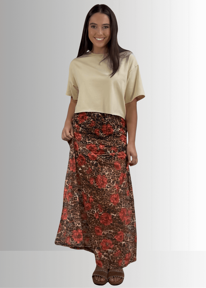 Made in USA Women's Short Sleeve Loose Fit Light Beige Cropped Cotton T-shirt with Raw Edge Detail  paired with Made in USA Women's Yellowstone Lace Maxi Skirt in Leopard Print with Elastic Waist, Mini Length Liner | If She Loves Style ISK1385