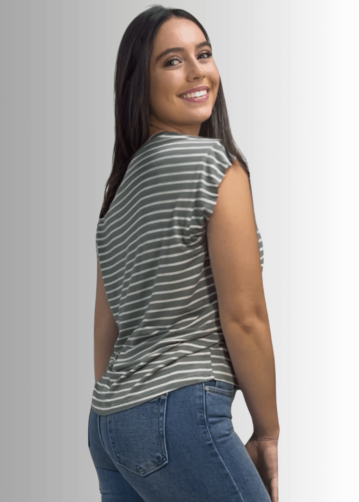 Made in USA Women's Cute Basic Rayon Spandex V-Neck Top with Short Cap Sleeves in Solid Black or Striped Sage, Soft and Stretchy, Style IST1332B