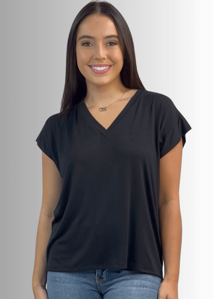 Made in USA Women's Cute Basic Rayon Spandex V-Neck Top with Short Cap Sleeves in Solid Black or Striped Sage, Soft and Stretchy, Style IST1332B