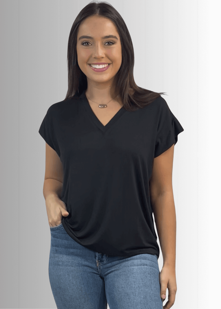 Made in USA Women's Cute Basic Rayon Spandex V-Neck Top with Short Cap Sleeves in Solid Black or Striped Sage, Soft and Stretchy, Style IST1332B