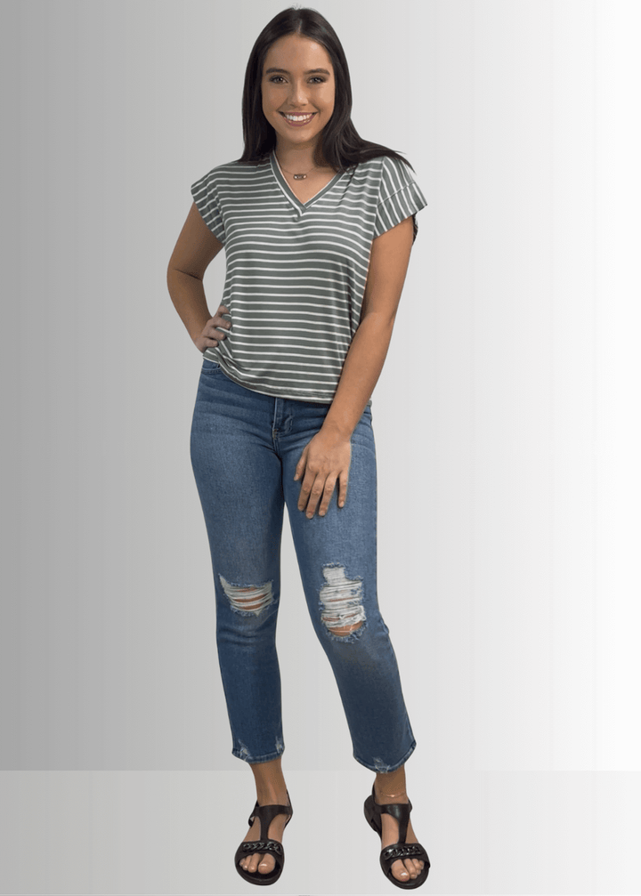 Made in USA Women's Cute Basic Rayon Spandex V-Neck Top with Short Cap Sleeves in Solid Black or Striped Sage, Soft and Stretchy, Style IST1332B