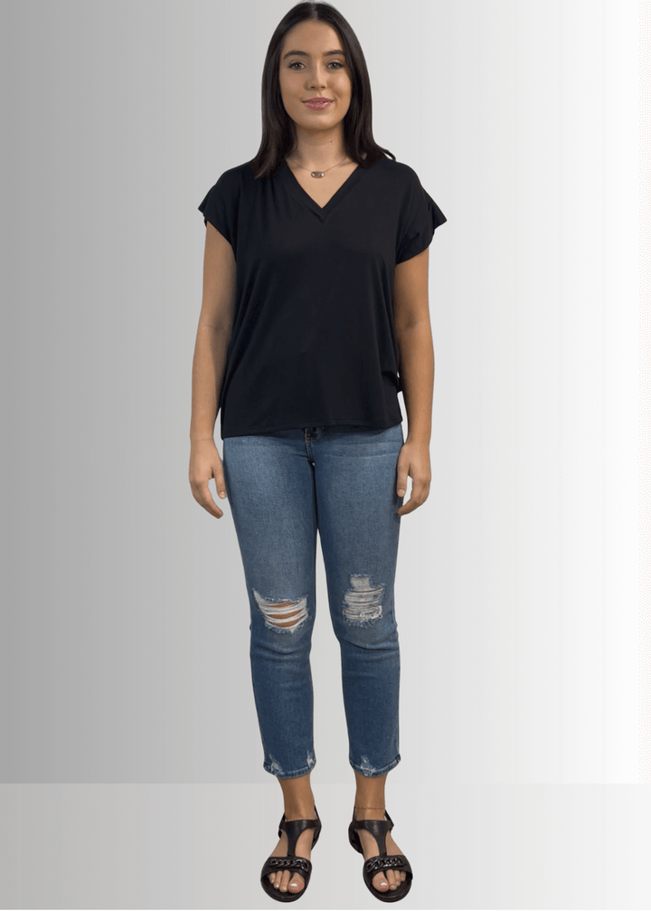 Made in USA Women's Cute Basic Rayon Spandex V-Neck Top with Short Cap Sleeves in Solid Black or Striped Sage, Soft and Stretchy, Style IST1332B