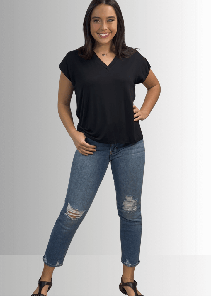 Made in USA Women's Cute Basic Rayon Spandex V-Neck Top with Short Cap Sleeves in Solid Black or Striped Sage, Soft and Stretchy, Style IST1332B