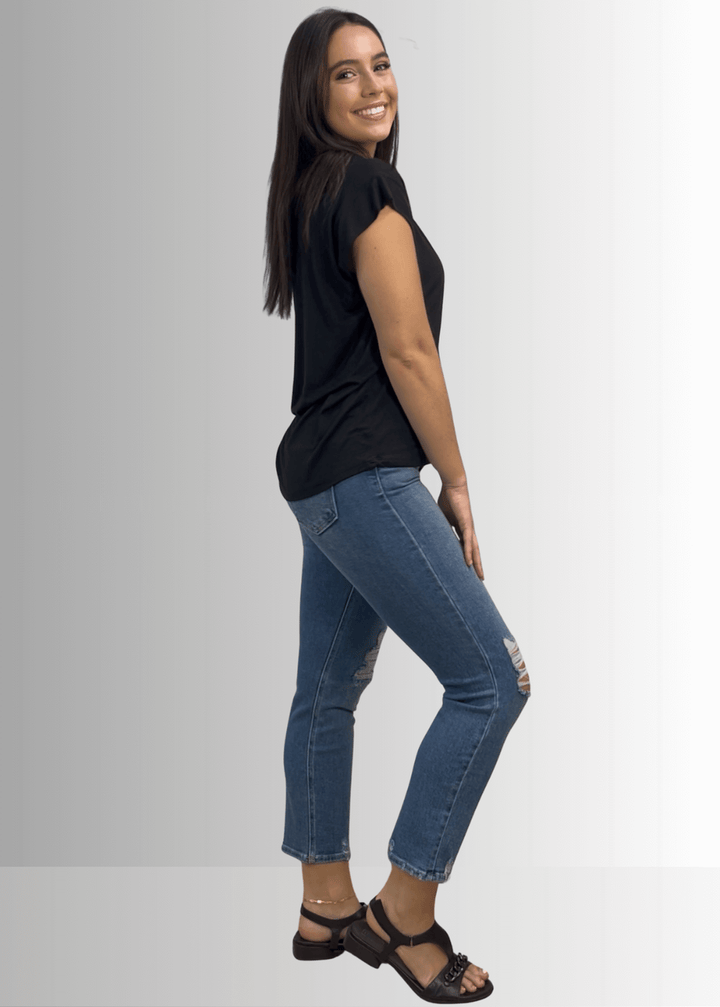 Made in USA Women's Cute Basic Rayon Spandex V-Neck Top with Short Cap Sleeves in Solid Black or Striped Sage, Soft and Stretchy, Style IST1332B