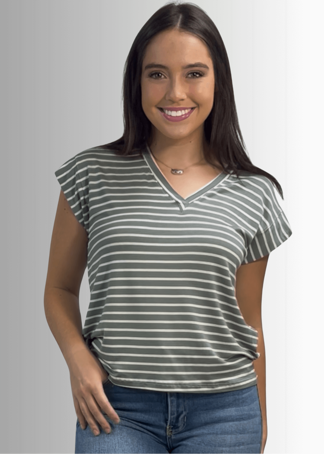 Made in USA Women's Cute Basic Rayon Spandex V-Neck Top with Short Cap Sleeves in Solid Black or Striped Sage, Soft and Stretchy, Style IST1332B