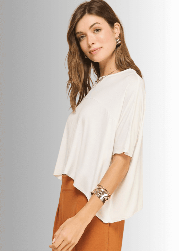 Made in USA Women's Sedona Short Sleeve Loose Fit Lightweight Cropped T-shirt, Soft and Stretchy Rayon/Spandex in Black or Off White  | If She Loves Style IST1409