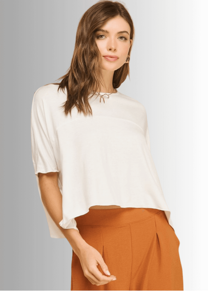 Made in USA Women's Sedona Short Sleeve Loose Fit Lightweight Cropped T-shirt, Soft and Stretchy Rayon/Spandex in Black or Off White  | If She Loves Style IST1409