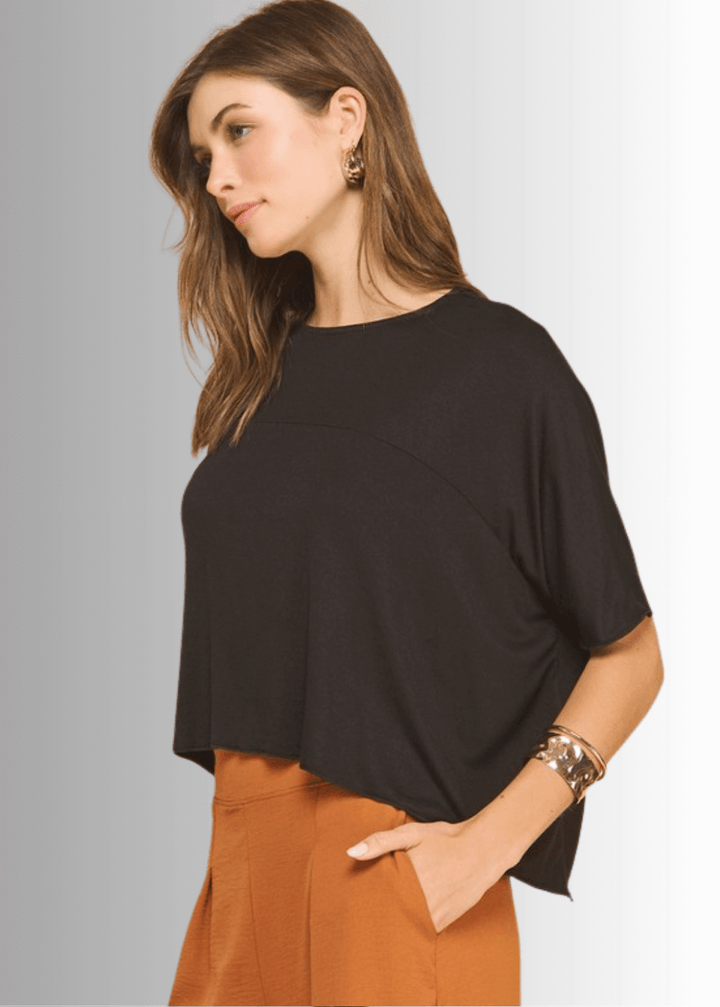 Made in USA Women's Sedona Short Sleeve Loose Fit Lightweight Cropped T-shirt, Soft and Stretchy Rayon/Spandex in Black or Off White  | If She Loves Style IST1409