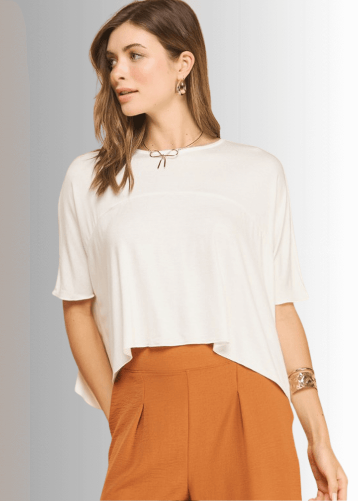 Made in USA Women's Sedona Short Sleeve Loose Fit Lightweight Cropped T-shirt, Soft and Stretchy Rayon/Spandex in Black or Off White  | If She Loves Style IST1409