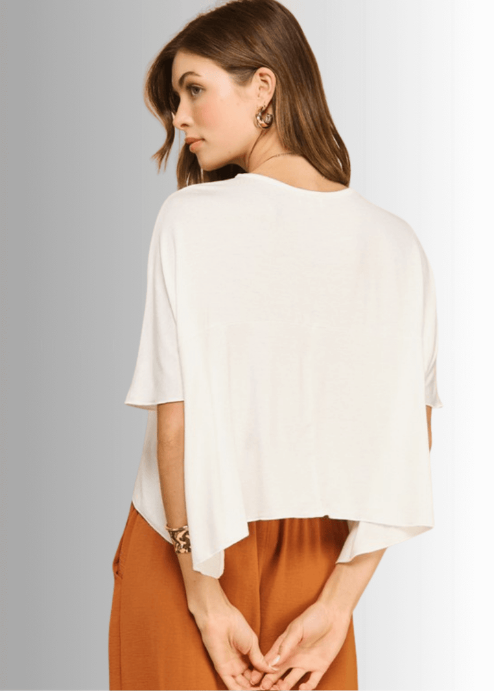 Made in USA Women's Sedona Short Sleeve Loose Fit Lightweight Cropped T-shirt, Soft and Stretchy Rayon/Spandex in Black or Off White  | If She Loves Style IST1409