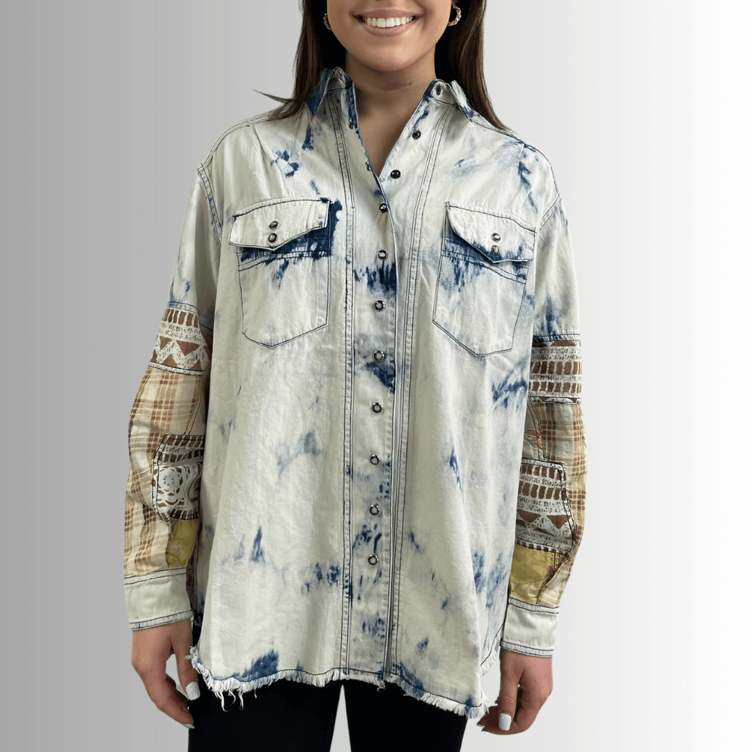 Jaded Gypsy In the Clouds Snap Down Boho Design Denim Shirt Jacket with Patchwork Detail & Front Pockets - Chambray | Made In USA