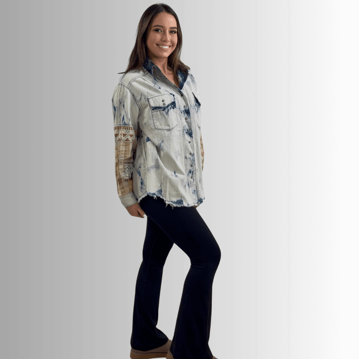 Jaded Gypsy In the Clouds Snap Down Boho Design Denim Shirt Jacket with Patchwork Detail & Front Pockets - Chambray | Made In USA