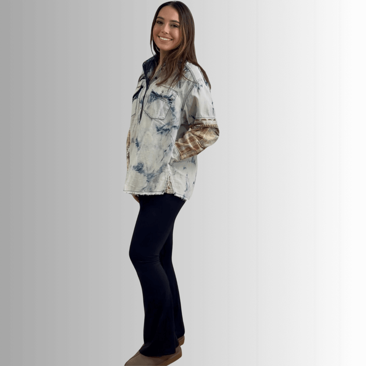 Jaded Gypsy In the Clouds Snap Down Boho Design Denim Shirt Jacket with Patchwork Detail & Front Pockets - Chambray | Made In USA
