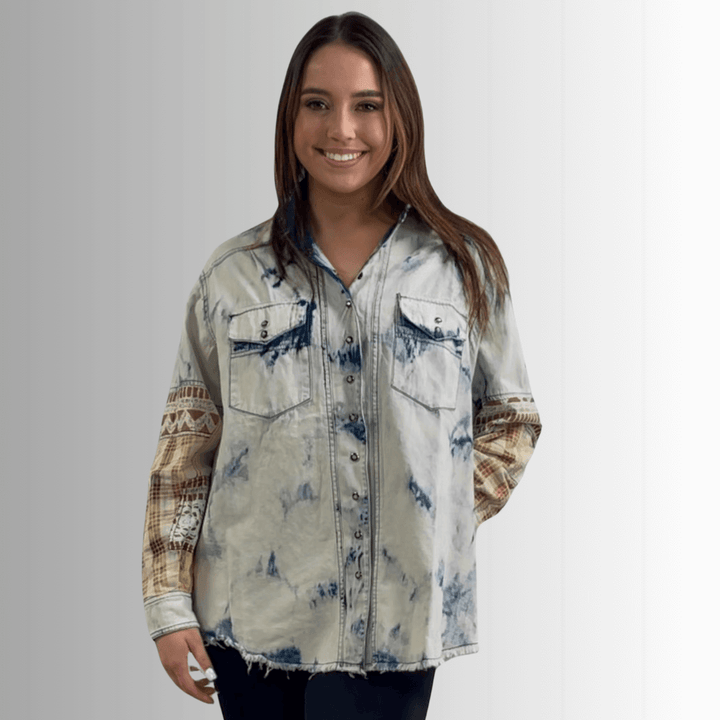 Jaded Gypsy In the Clouds Snap Down Boho Design Denim Shirt Jacket with Patchwork Detail & Front Pockets - Chambray | Made In USA