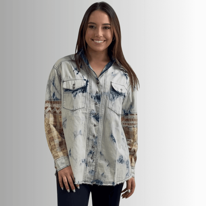 Jaded Gypsy In the Clouds Snap Down Boho Design Denim Shirt Jacket with Patchwork Detail & Front Pockets - Chambray | Made In USA