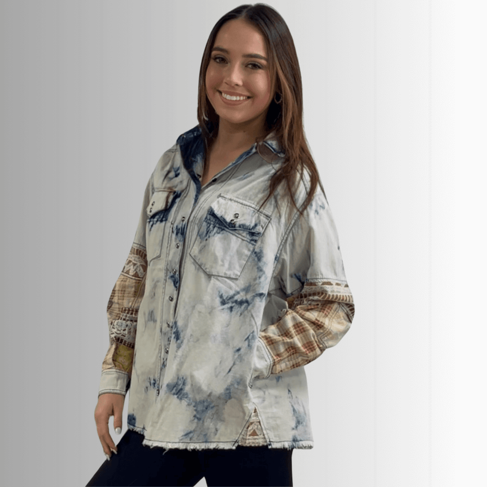 Jaded Gypsy In the Clouds Snap Down Boho Design Denim Shirt Jacket with Patchwork Detail & Front Pockets - Chambray | Made In USA