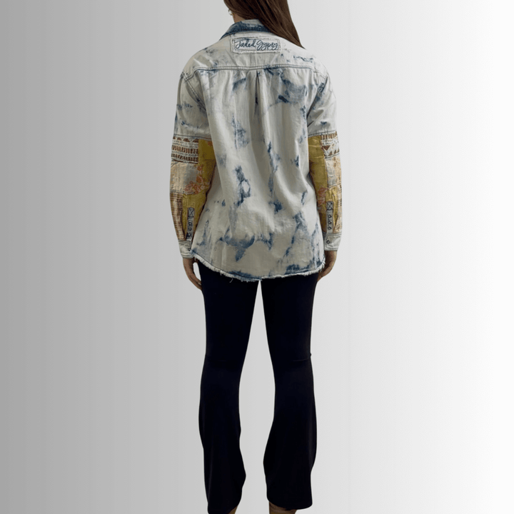 Jaded Gypsy In the Clouds Snap Down Boho Design Denim Shirt Jacket with Patchwork Detail & Front Pockets - Chambray | Made In USA