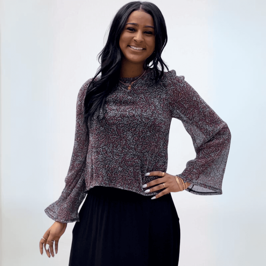 Made in USA Women's Bell Sleeve Top with Metallic Detail, Sheer Sleeves | If She Love Style IST1322 | Classy Cozy Cool Made in America Boutique