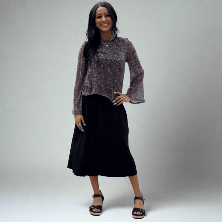 Made in USA Women's Bell Sleeve Top with Metallic Detail, Sheer Sleeves | If She Love Style IST1322 | Classy Cozy Cool Made in America Boutique