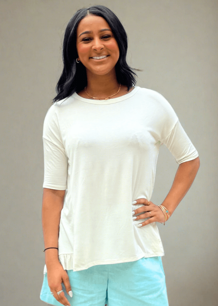 Made in USA Women's Bamboo Ruffle Hem Short Sleeve High Low Tunic Top with Boat Neckline in Ivory | Classy Cozy Cool Made in America Boutique