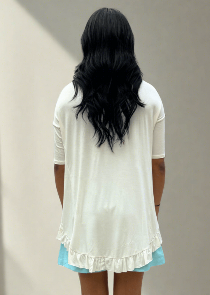 Made in USA Women's Bamboo Ruffle Hem Short Sleeve High Low Tunic Top with Boat Neckline in Ivory | Classy Cozy Cool Made in America Boutique
