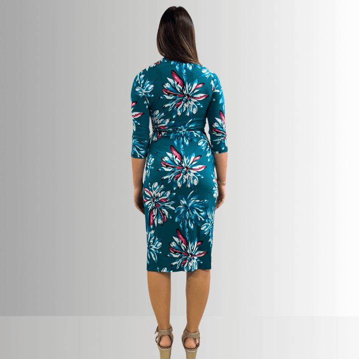 Made in USA Women's Jade Green Floral Jersey Wrap Knee Length Midi Dress  | Renee C. Style 4329DRu |