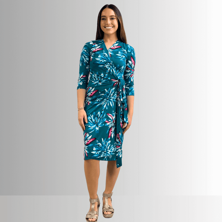 Made in USA Women's Jade Green Floral Jersey Wrap Knee Length Midi Dress  | Renee C. Style 4329DRu |