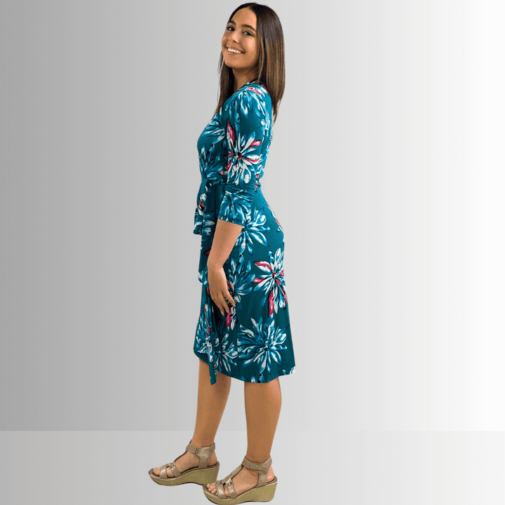 Made in USA Women's Jade Green Floral Jersey Wrap Knee Length Midi Dress  | Renee C. Style 4329DRu |