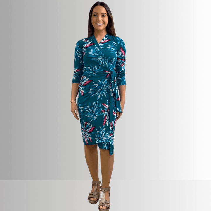 Made in USA Women's Jade Green Floral Jersey Wrap Knee Length Midi Dress  | Renee C. Style 4329DRu |