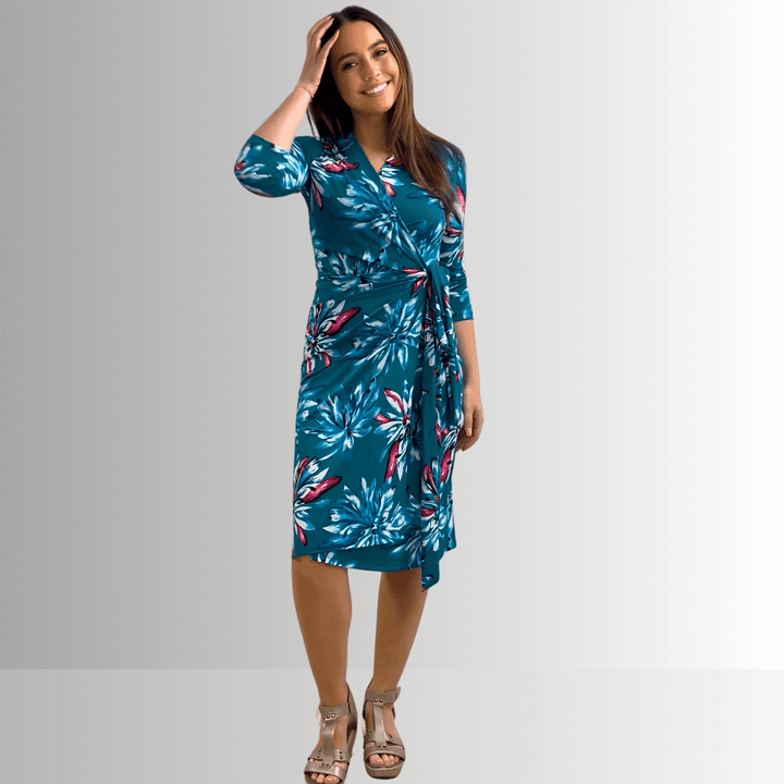 Made in USA Women's Jade Green Floral Jersey Wrap Knee Length Midi Dress  | Renee C. Style 4329DRu |