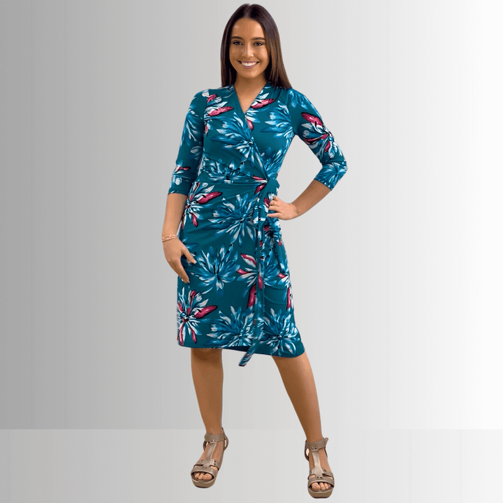 Made in USA Women's Jade Green Floral Jersey Wrap Knee Length Midi Dress  | Renee C. Style 4329DRu |