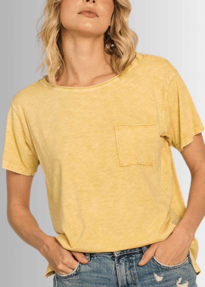 Made in USA, Jessie Tee, Women's Relaxed Fit Cotton Mineral Washed Pocket T-Shirt in Apricot Yellow with Wide Round Neckline | Classy Cozy Cool Made in America Boutique