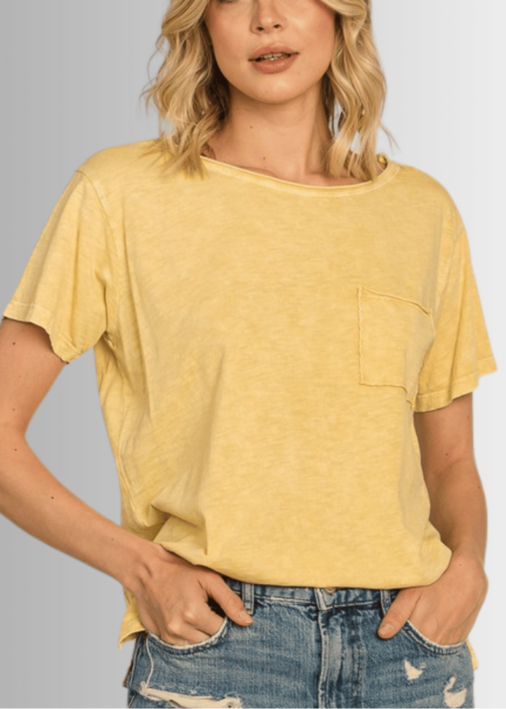 Made in USA, Jessie Tee, Women's Relaxed Fit Cotton Mineral Washed Pocket T-Shirt in Apricot Yellow with Wide Round Neckline | Classy Cozy Cool Made in America Boutique