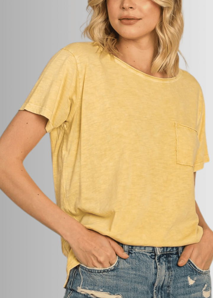 Made in USA, Jessie Tee, Women's Relaxed Fit Cotton Mineral Washed Pocket T-Shirt in Apricot Yellow with Wide Round Neckline | Classy Cozy Cool Made in America Boutique