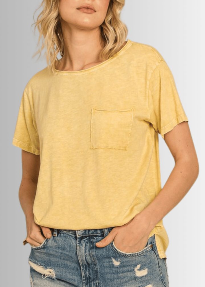 Made in USA, Jessie Tee, Women's Relaxed Fit Cotton Mineral Washed Pocket T-Shirt in Apricot Yellow with Wide Round Neckline | Classy Cozy Cool Made in America Boutique