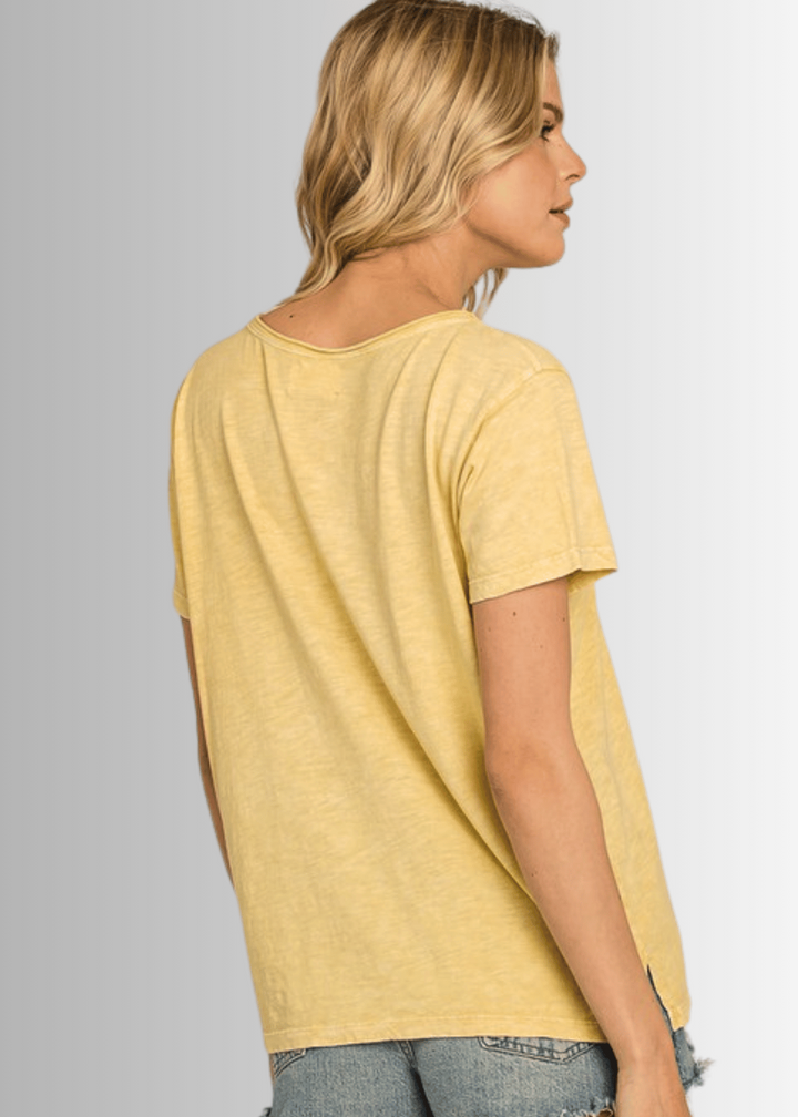 Made in USA, Jessie Tee, Women's Relaxed Fit Cotton Mineral Washed Pocket T-Shirt in Apricot Yellow with Wide Round Neckline | Classy Cozy Cool Made in America Boutique