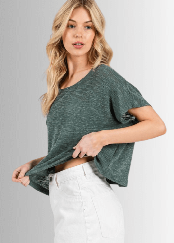 Made in USA Women's Loosely Woven Knit Boxy Top in Hunter Green, Round Neck, Loose Fit, Shorter Waist Length, 68% Polyester 28% Rayon 4% Spandex  | Classy Cozy Cool Made in America Boutique