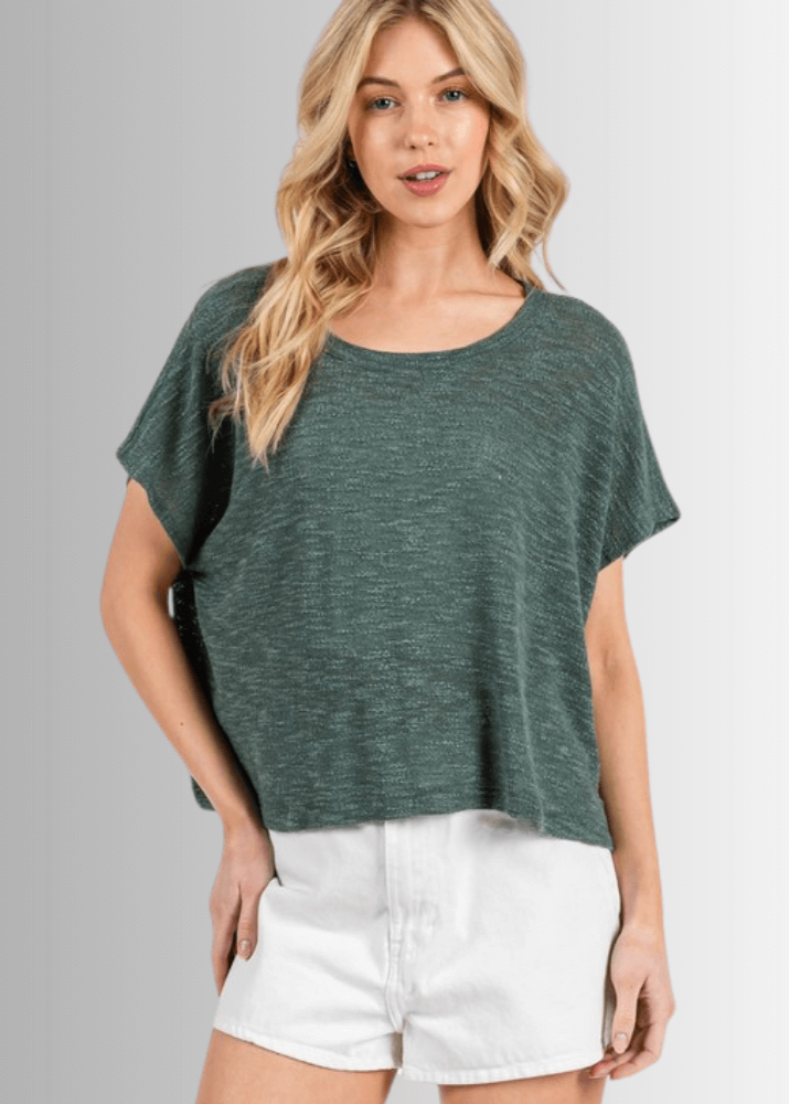 Made in USA Women's Loosely Woven Knit Boxy Top in Hunter Green, Round Neck, Loose Fit, Shorter Waist Length, 68% Polyester 28% Rayon 4% Spandex  | Classy Cozy Cool Made in America Boutique