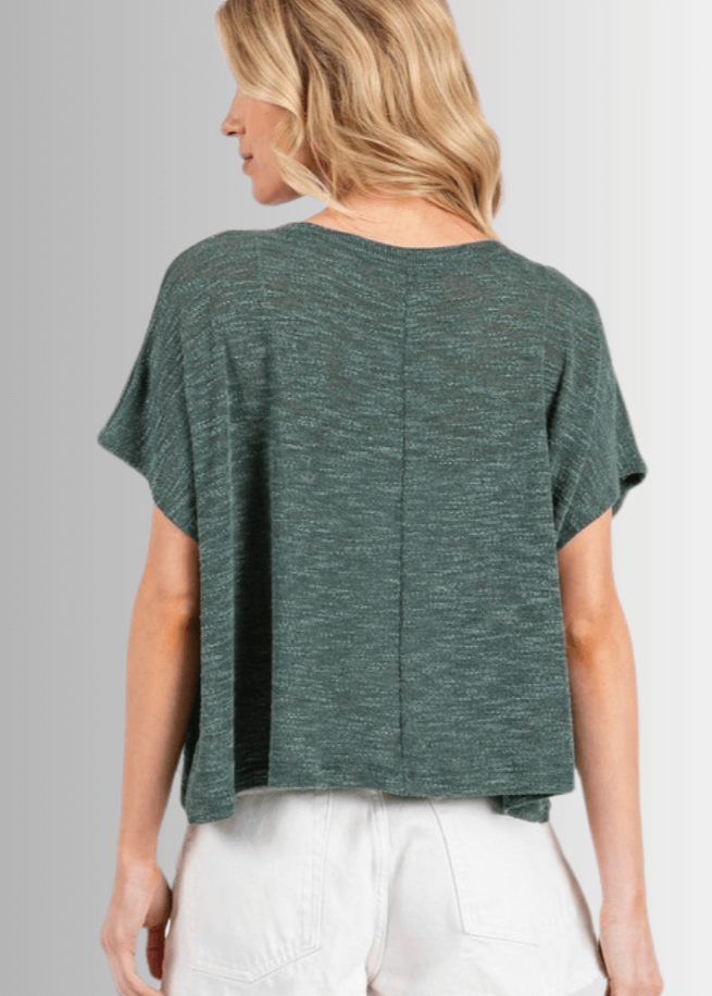 Made in USA Women's Loosely Woven Knit Boxy Top in Hunter Green, Round Neck, Loose Fit, Shorter Waist Length, 68% Polyester 28% Rayon 4% Spandex  | Classy Cozy Cool Made in America Boutique