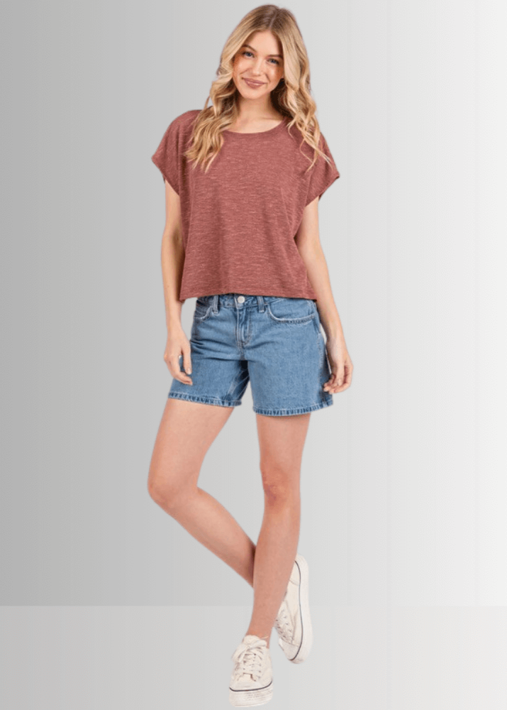 Made in USA Women's Loosely Woven Knit Boxy Top in Rust Copper, Round Neck, Loose Fit, Shorter Waist Length, 68% Polyester 28% Rayon 4% Spandex  | Classy Cozy Cool Made in America Boutique