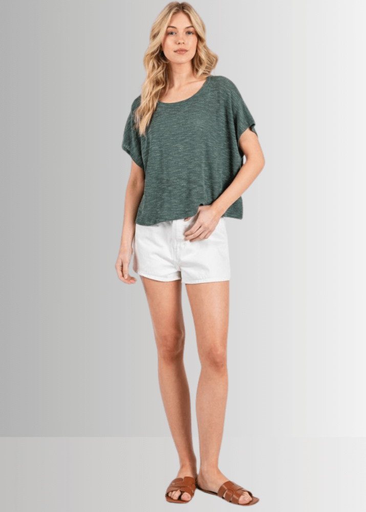 Made in USA Women's Loosely Woven Knit Boxy Top in Hunter Green, Round Neck, Loose Fit, Shorter Waist Length, 68% Polyester 28% Rayon 4% Spandex  | Classy Cozy Cool Made in America Boutique
